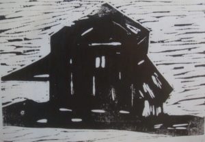 DAKOTA BARN, Russell Steven Powell acrylic linoprint on paper, 8×10