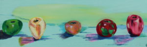FIVE APPLES, Russell Steven Powell oil on canvas, 12×36