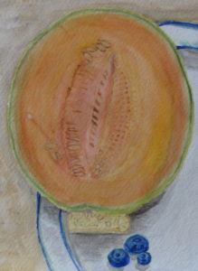 STILL LIFE WITH CANTALOUPE, Russell Steven Powell watercolor on paper, 15×11